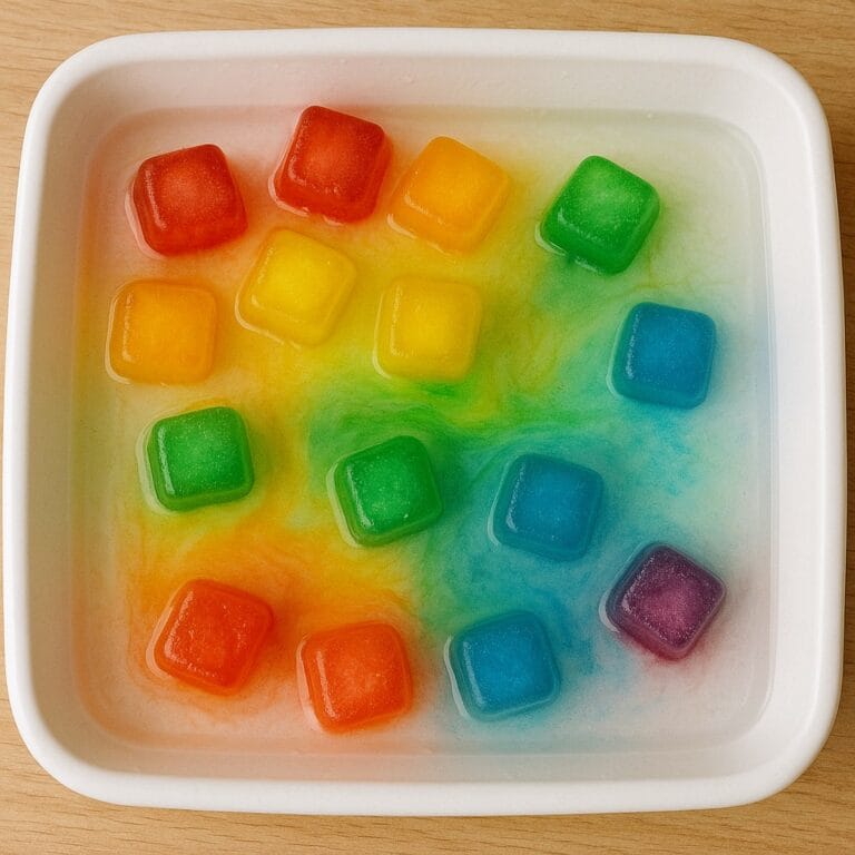 Children exploring colour mixing with coloured ice cubes in water trays – a fun way to keep kids cool in hot weather through creative sensory play