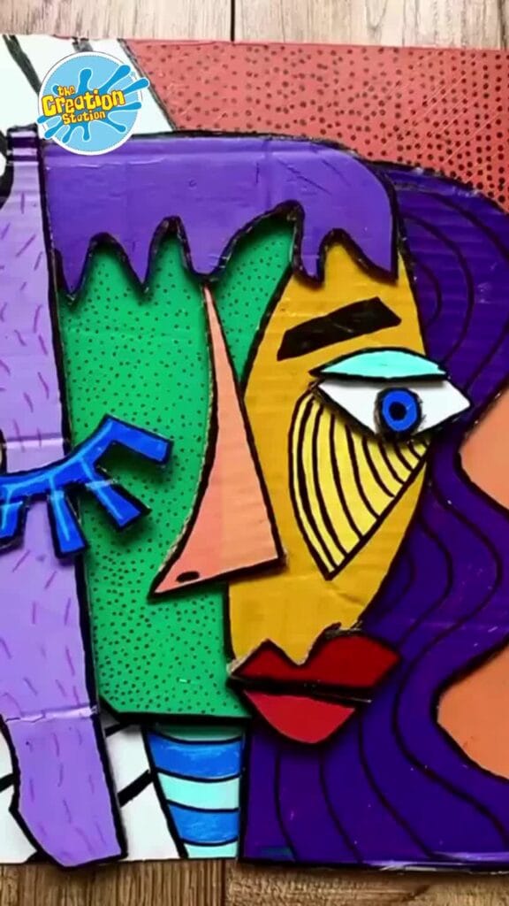 Painted Picasso-inspired face collage made with cardboard cut-outs