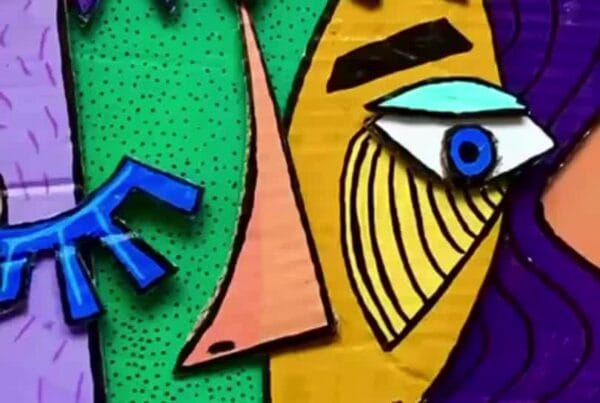 Painted Picasso-inspired face collage made with cardboard cut-outs