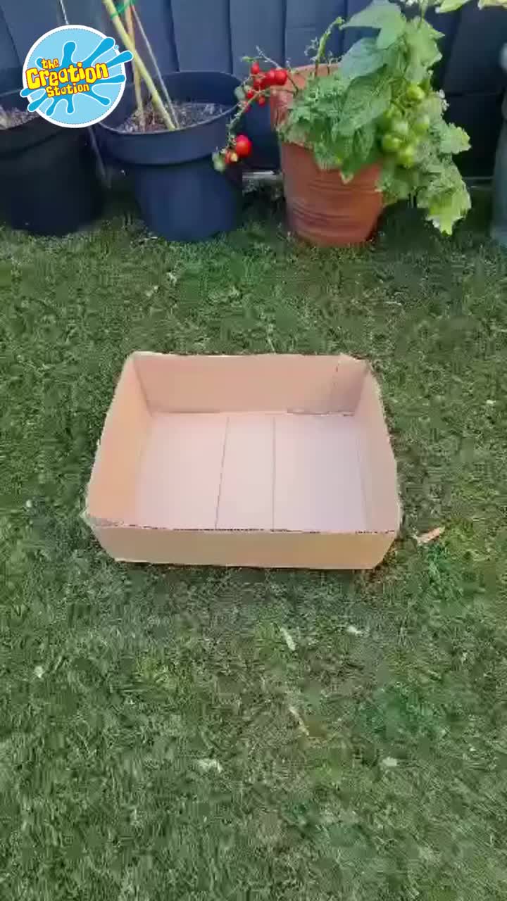 A box filled with fairy garden supplies – soil, a plant pot, twigs, pebbles, flowers, and crafty bits all ready for a magical make!