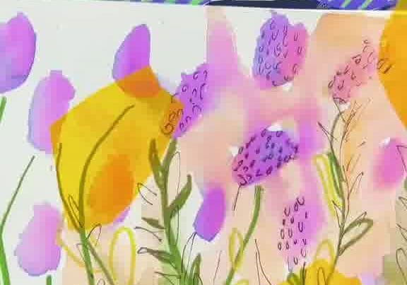 Completed lavender watercolour painting with vibrant purple flowers and green stems